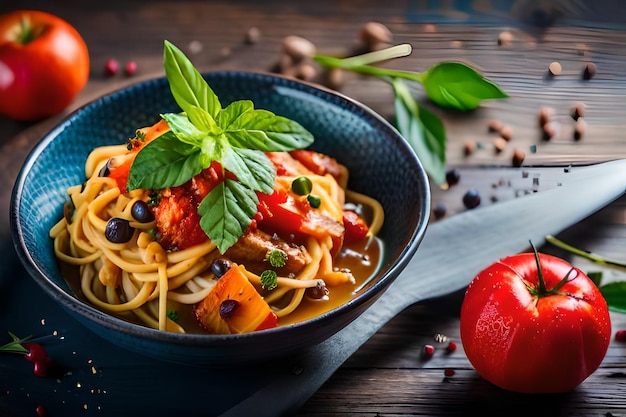 a bowl of pasta with a spoon and a fruit and a fruit bowl with a spoon