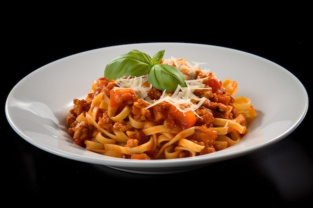 A bowl of pasta with a sprig of basil on top.