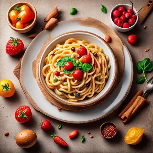 Photo a bowl of pasta with strawberries and strawberries on a table