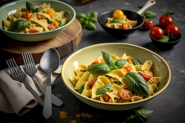 A bowl of pasta with a tomato sauce and basil leaves on a table.