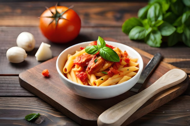 A bowl of pasta with a tomato sauce and basil on a wooden cutting board.