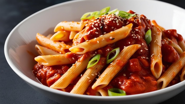 a bowl of pasta with tomato sauce and pasta