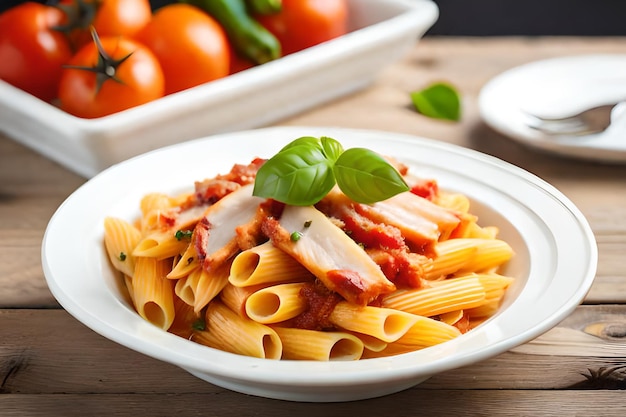 A bowl of pasta with a tomato sauce and a plate of tomatoes.