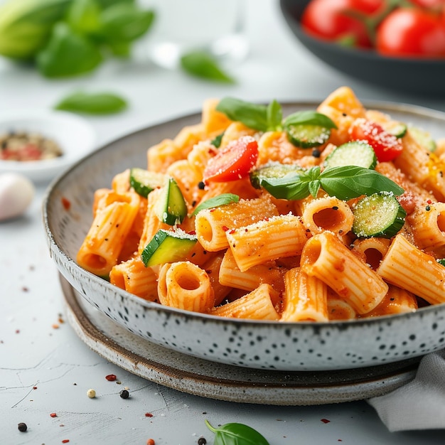 a bowl of pasta with tomatoes basil and basil