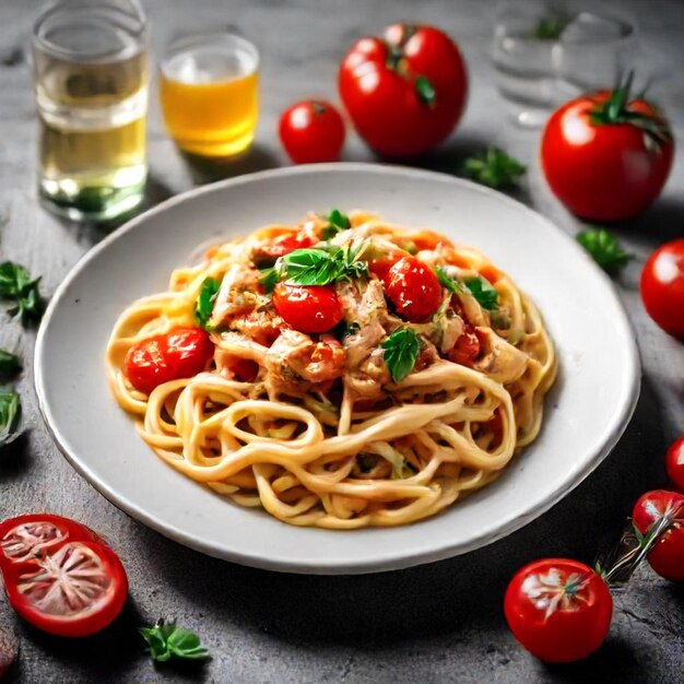 a bowl of pasta with tomatoes and basil on it