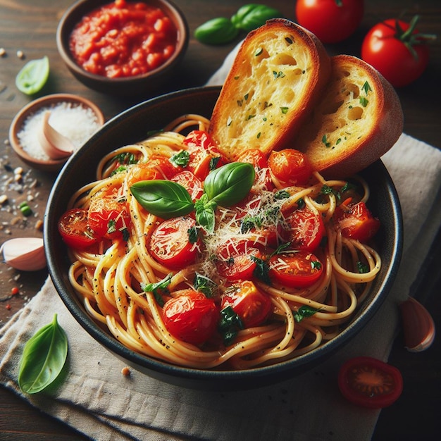 A bowl of pasta with tomatoes and basil on it