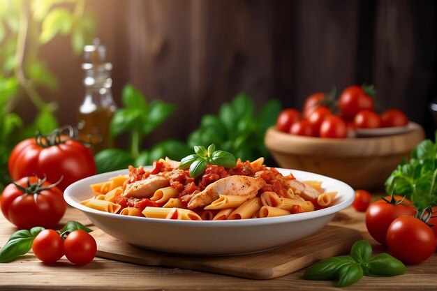 Photo a bowl of pasta with tomatoes and basil on a table