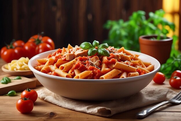 Photo a bowl of pasta with tomatoes and basil on a table