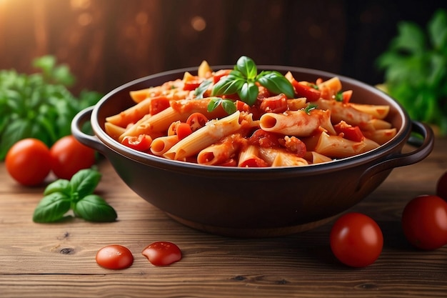 a bowl of pasta with tomatoes and basil on a wooden table