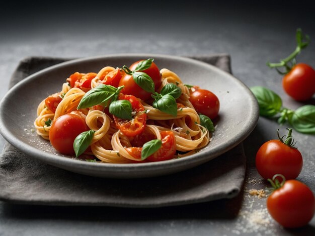 Photo a bowl of pasta with tomatoes and basil