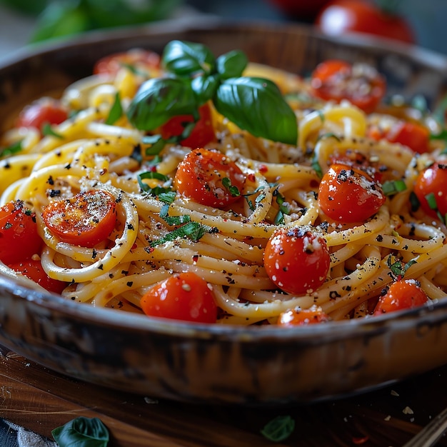 Photo a bowl of pasta with tomatoes and herbs on it