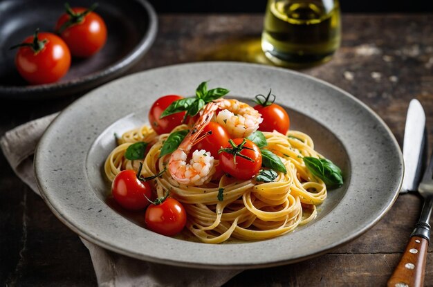 Photo a bowl of pasta with tomatoes shrimp and tomatoes