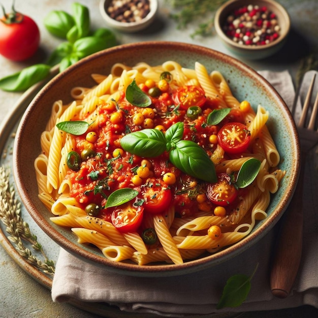 a bowl of pasta with tomatoes tomatoes and basil