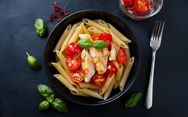 a bowl of pasta with tomatoes tomatoes and basil