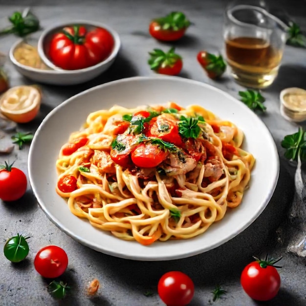 a bowl of pasta with tomatoes tomatoes and a glass of wine