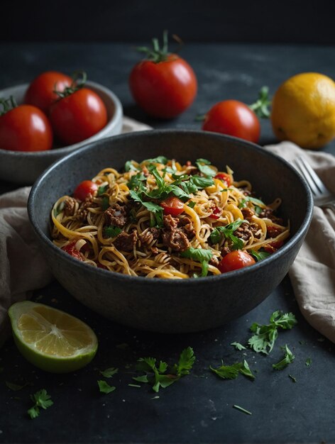 Photo a bowl of pasta with tomatoes tomatoes and a lemon