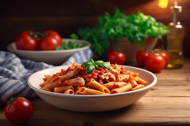 Photo a bowl of pasta with tomatoes and tomatoes on a table