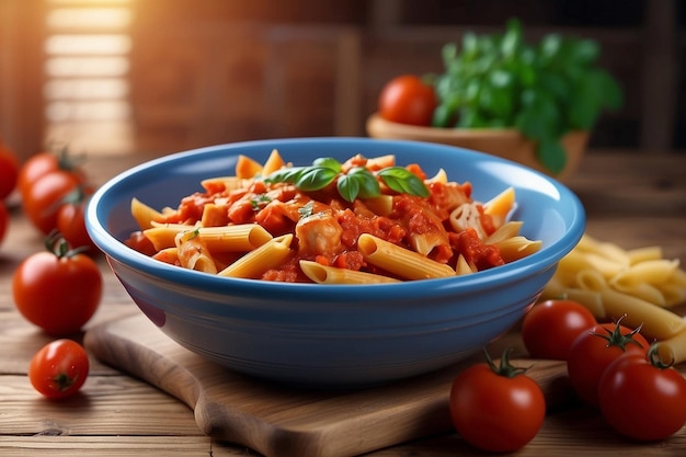 Photo a bowl of pasta with tomatoes and tomatoes on a wooden table