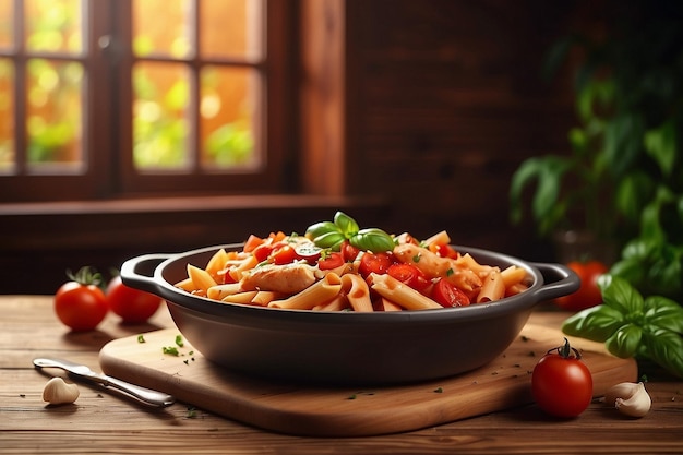 Photo a bowl of pasta with tomatoes and tomatoes on a wooden table