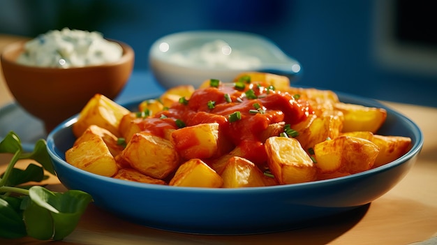 Photo a bowl of patatas bravas with aioli