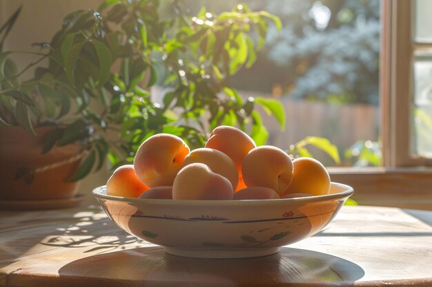 a bowl of peaches on a table