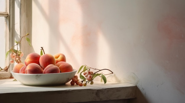 A bowl of peaches at the window