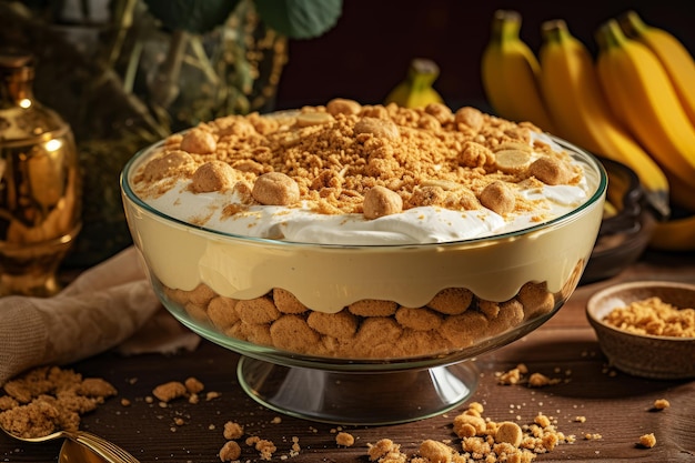 A bowl of peanut butter no bake trifle with a banana bunch in the background.