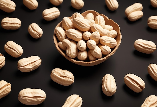 a bowl of peanuts with a black background with a white background