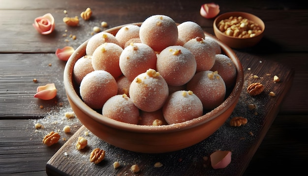 a bowl of peanuts with a bowl of peanuts on the table