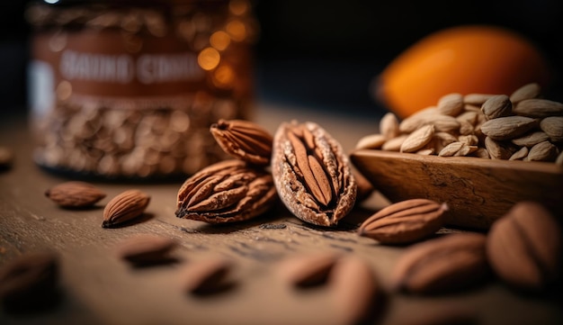 A bowl of pecan nuts sits on a table next to a bowl of peanuts.