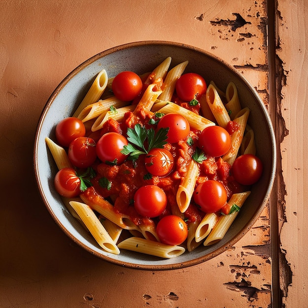 Photo a bowl of penne pasta with cherry tomato sauce and parsley on a wooden surface