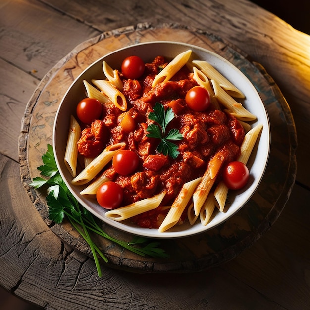 Photo a bowl of penne pasta with cherry tomato sauce and parsley on a wooden surface