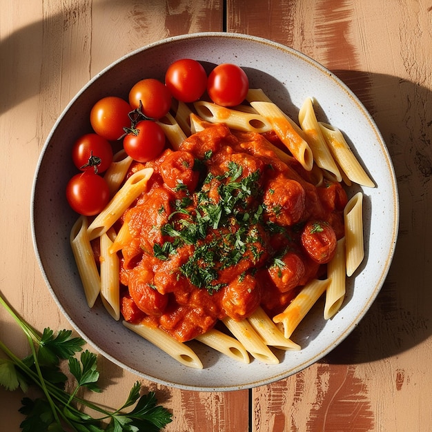 Photo a bowl of penne pasta with cherry tomato sauce and parsley on a wooden surface