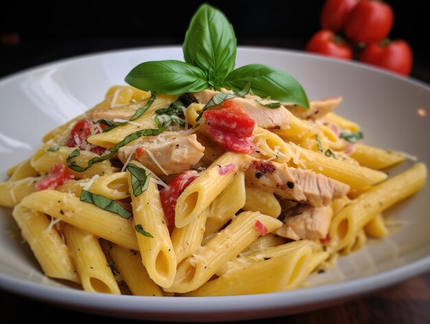 A bowl of penne pasta with chicken and basil.