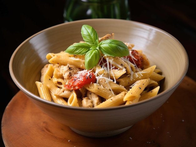 A bowl of penne pasta with chicken and basil