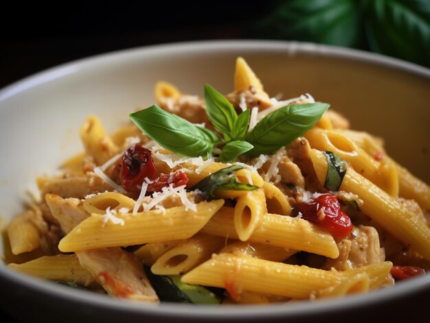 A bowl of penne pasta with chicken, tomato, and basil.