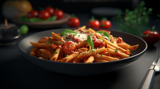 A bowl of penne pasta with tomato sauce and basil leaves.