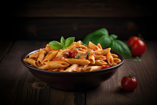 A bowl of penne pasta with tomato sauce and basil on a wooden table.