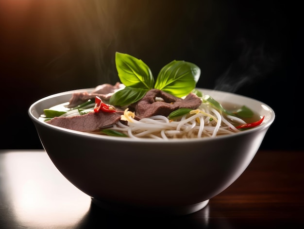 bowl of pho soup with thinly sliced beef bean sprouts and basil leaves