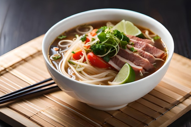 A bowl of pho with a lime wedge on the side