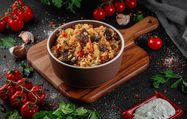 A bowl of pilaf on a dark table surrounded by vegetables and spices Assorted Uzbek food set