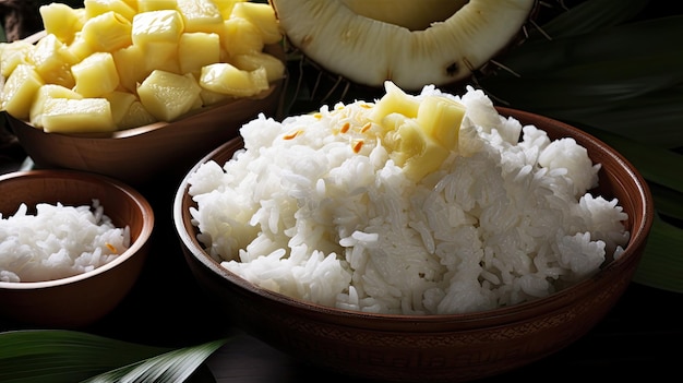 A bowl of pineapple rice with pineapples on the side