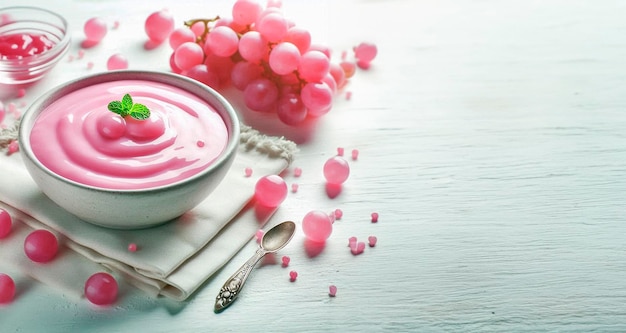 a bowl of pink cherries with a spoon and spoon on a table