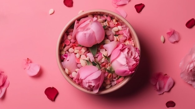 A bowl of pink flowers with pink petals on a pink background