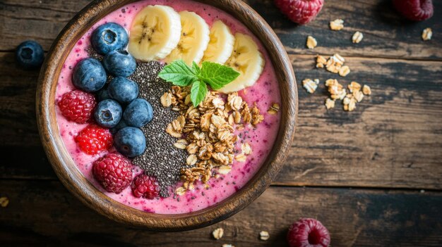 A Bowl of Pink Smoothie with Berries Banana Chia Seeds and Granola