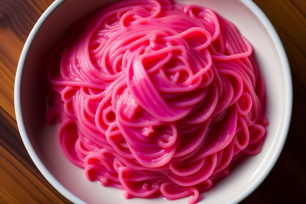 A bowl of pink spaghetti with a heart shaped pattern.