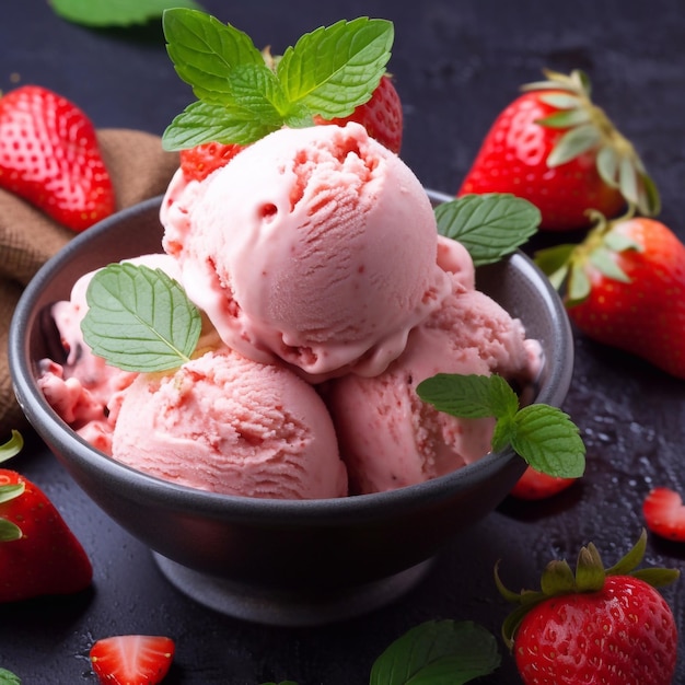 Bowl of pink strawberry ice cream and fresh berries Generative AI