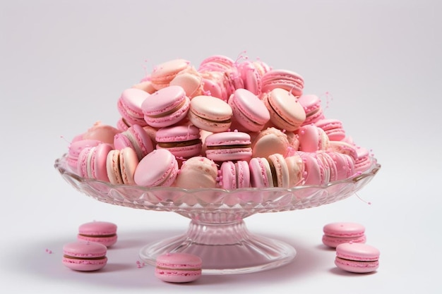 a bowl of pink and white cookies with pink icing and a pink background.