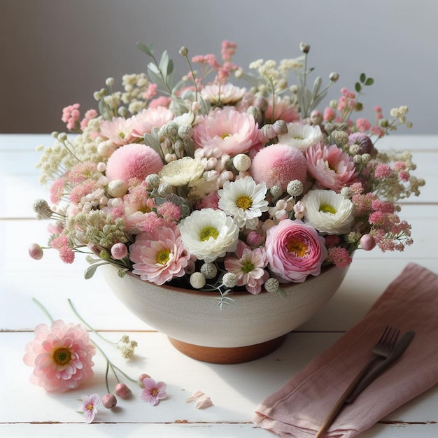 A bowl of pink and white flowers in a bowl with a white background