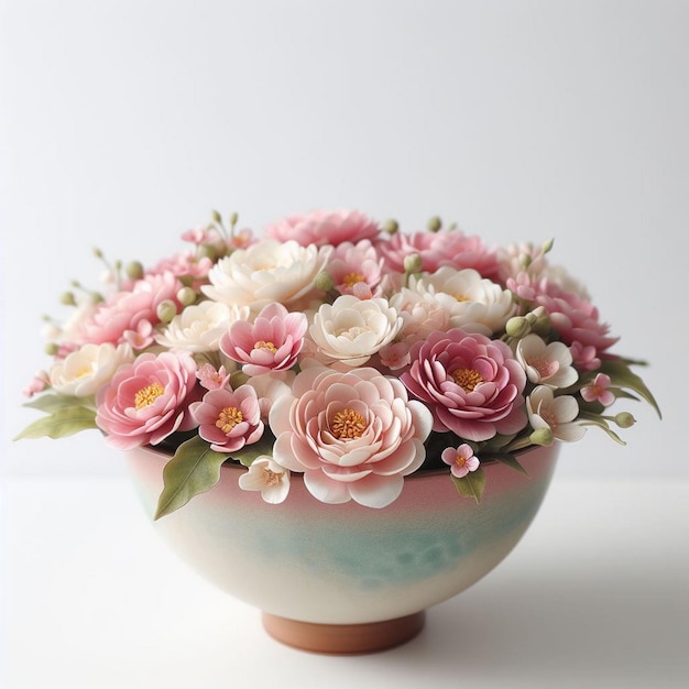 A bowl of pink and white flowers in a bowl with a white background